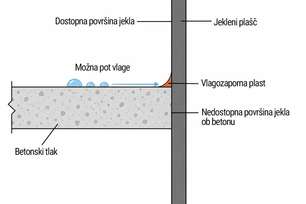 Shematski prikaz vlagozaporne plasti na stiku betonskega tlaka in jeklenega plašča. Tesnilna pregrada omejuje vdor vlage v stik, kjer jeklena površina ni neposredno dostopna za vizualni pregled.
